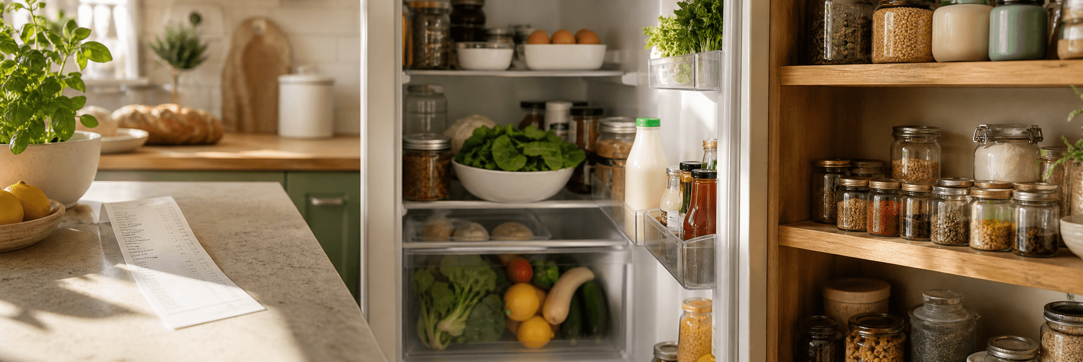 Receipt, fridge, and pantry groceries in a home kitchen