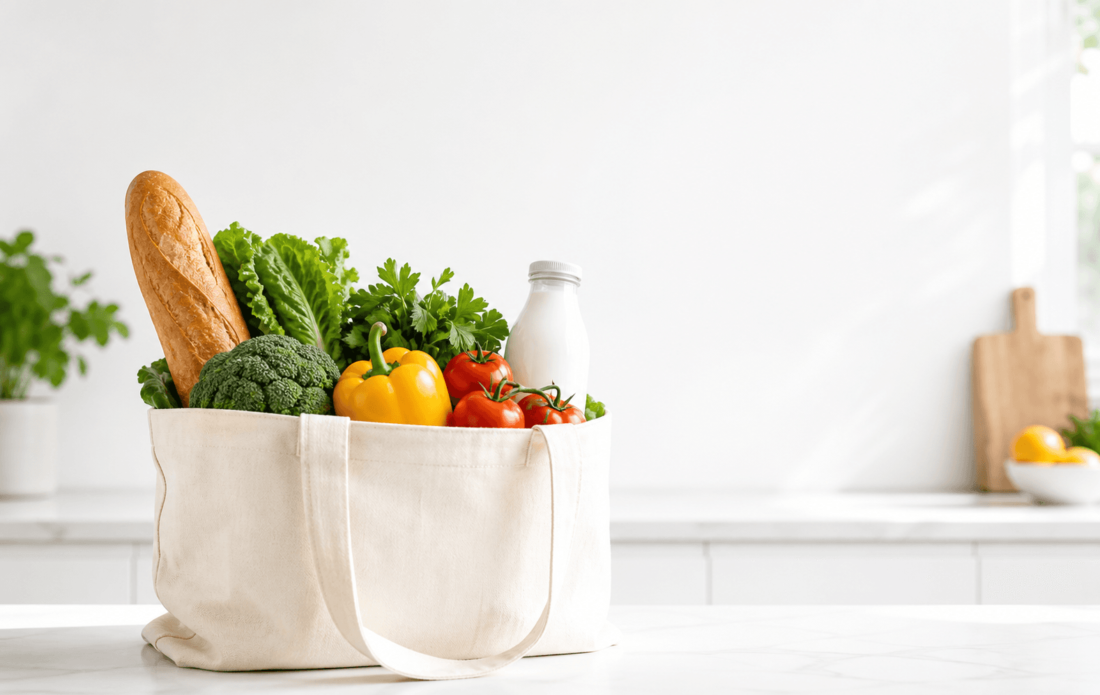 A grocery bag filled with fresh vegetables, bread, and milk