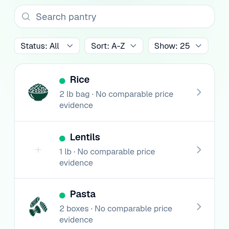 KartBite pantry with search, filters and rice, lentils and pasta at home